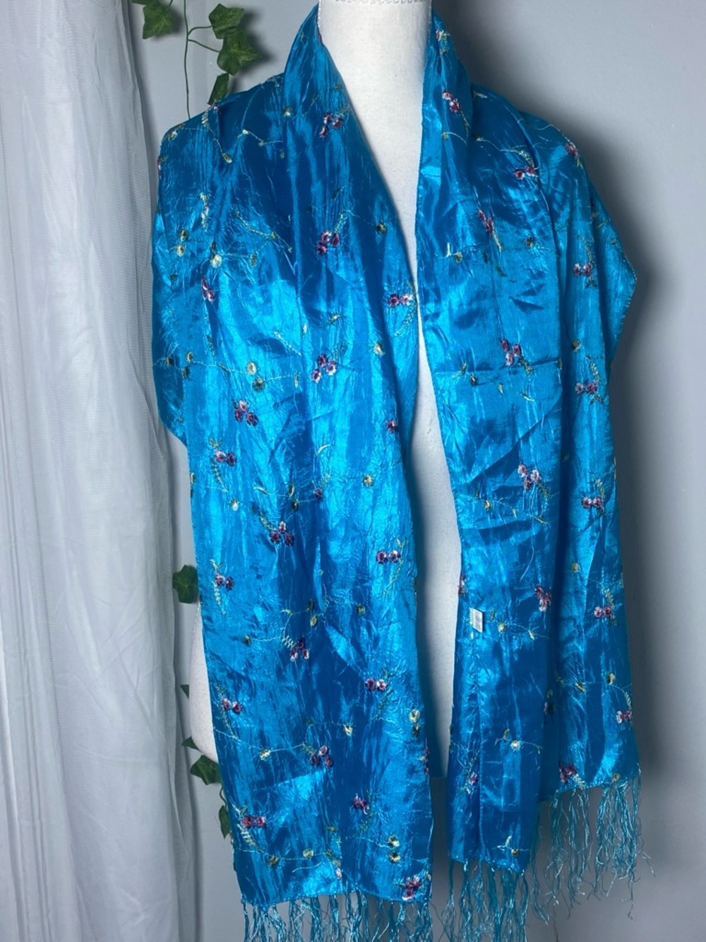 Turquoise Embroidered Silk Scarf - Elegant Women's Accessory
